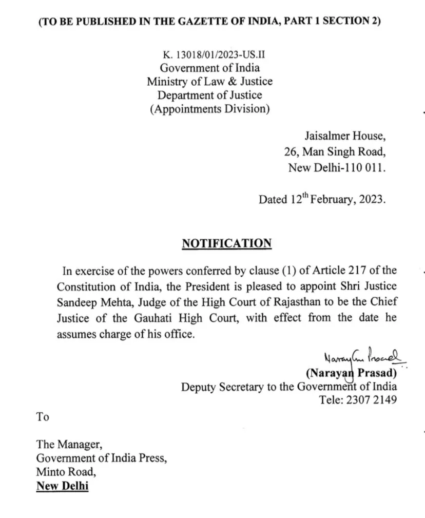 Justice Sandeep Mehta Appointed as Chief Justice of Gauhati HC  