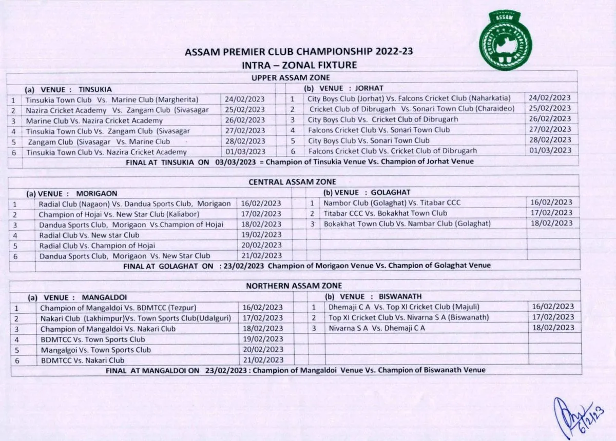 Match schedule of Assam Premier Club Cricket Championship 2023- PAGE 1  
