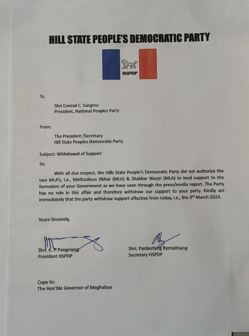 HSPDP president KP Pangniang's letter to the NPP President Conrad Sangma  