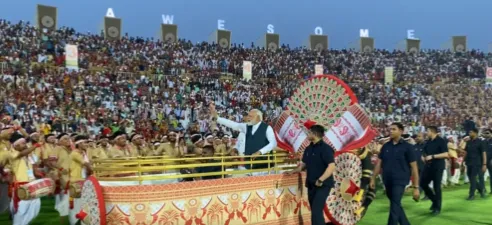 PM Narendra Modi attends Mega Bihu programme at Sarusajai Stadium in Guwahati   