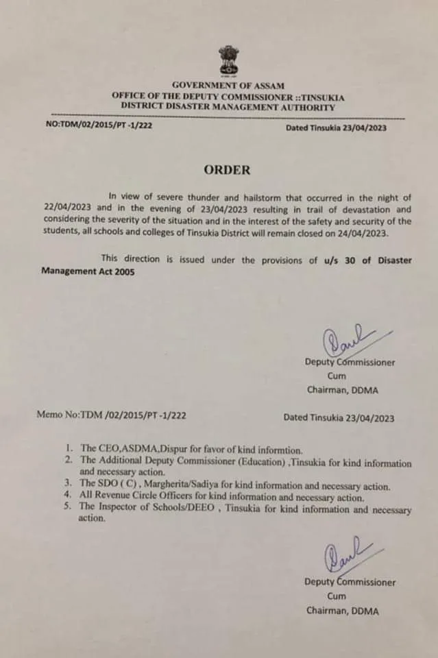 All Schools to Remain Close on April 24 in Storm-Hit Tinsukia  