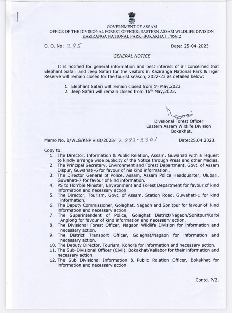 Order issued by the Eastern Assam Wildlife Division  