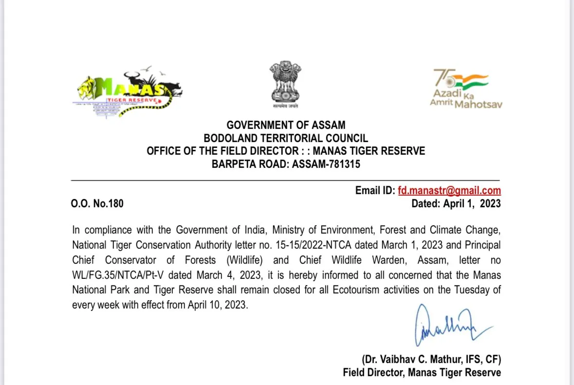 Manas National Park to Remain Close for Tourists Every Tuesday  