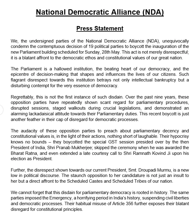 Statement issued by NDA  