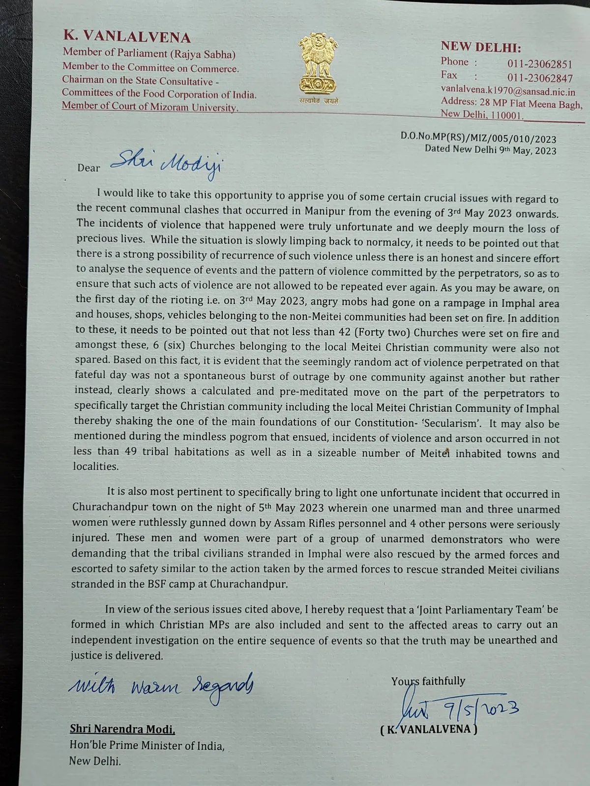 K. Vanlalvena's letter to PM Modi  