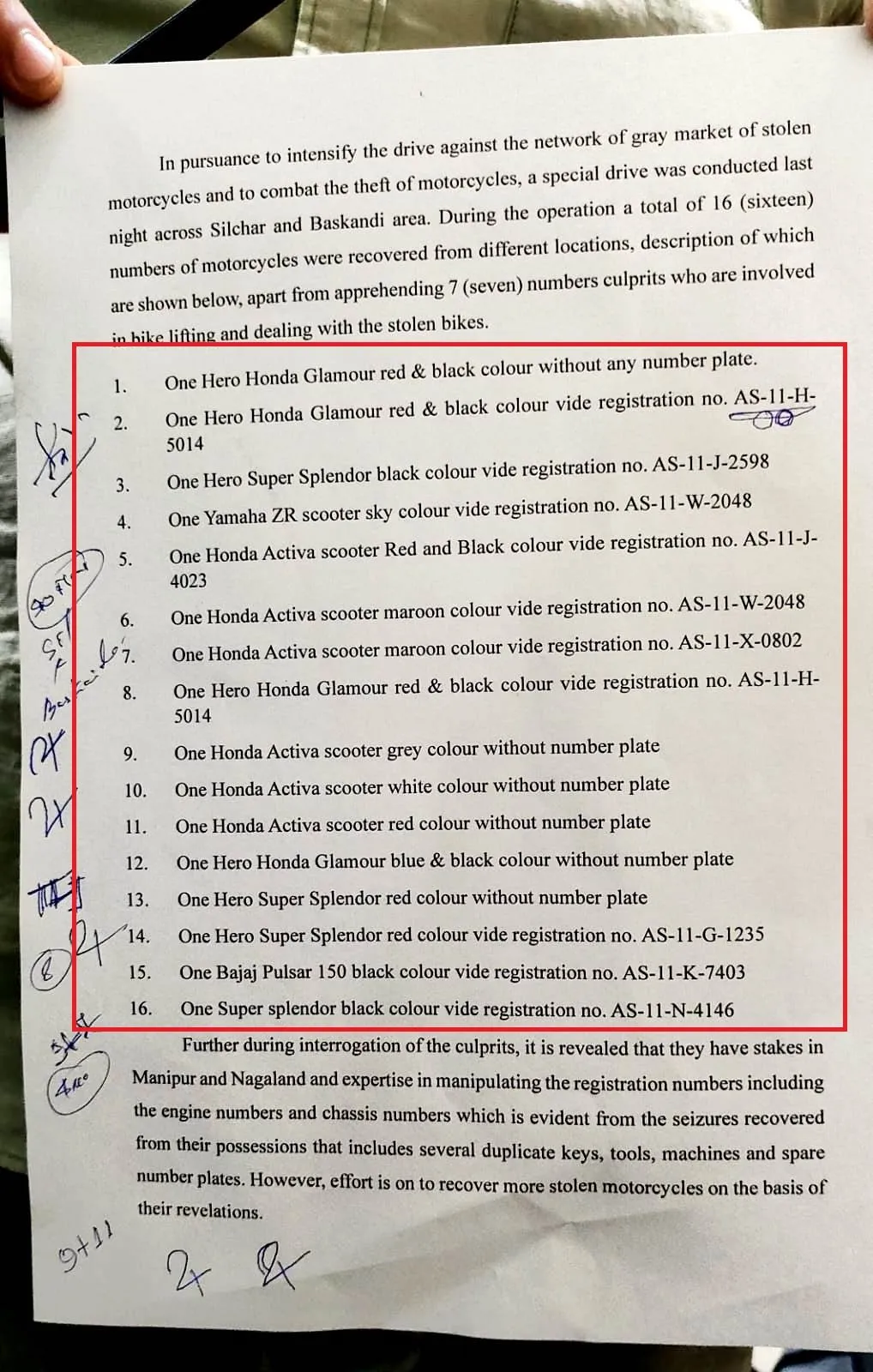 8 Arrested including AIUDF Leader in connection to Bike Theft case in Silchar.  