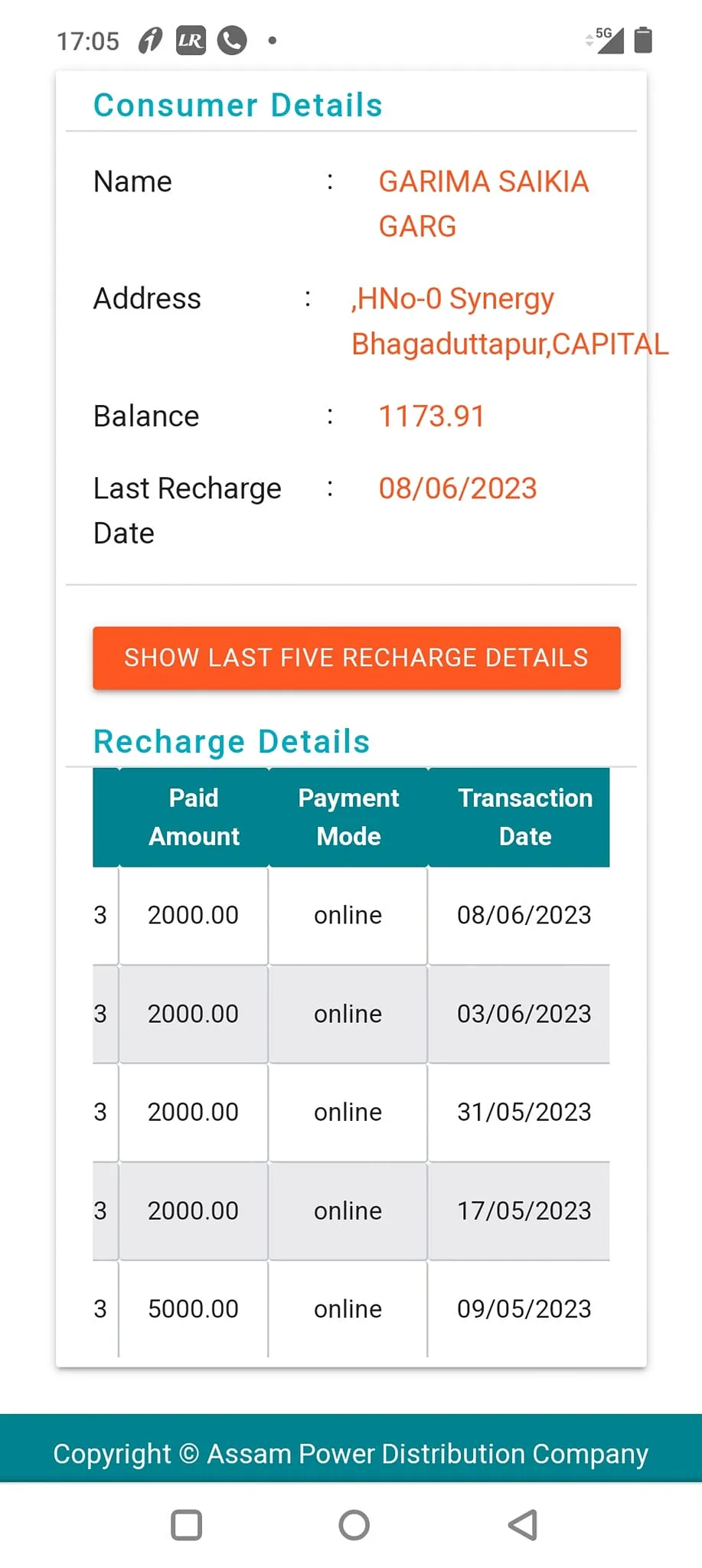 Garima's history of electricity bills  