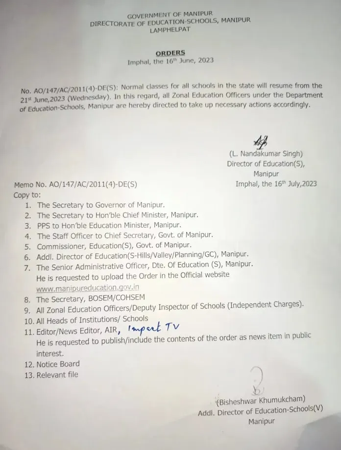 Order from the Department of Education-Schools, Manipur  