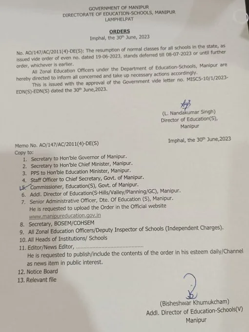 Order from Director of School Education, Manipur  