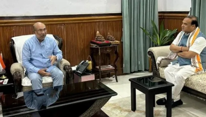 Assam CM Himanta Biswa Sarma with Manipur counterpart N Biren Singh  