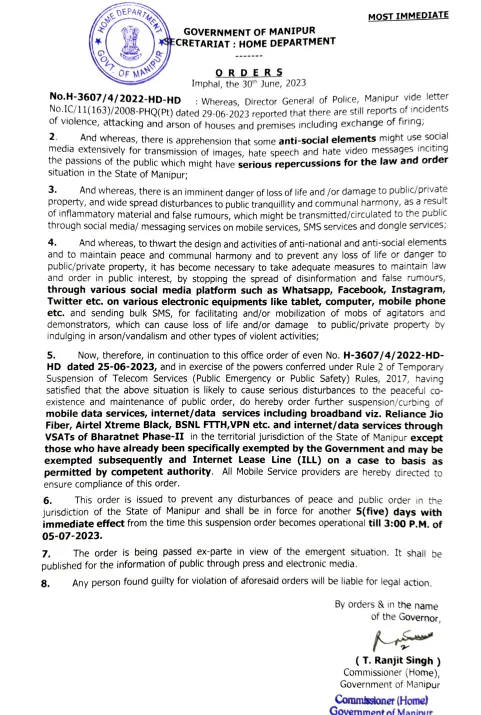 Order on internet ban in Manipur  