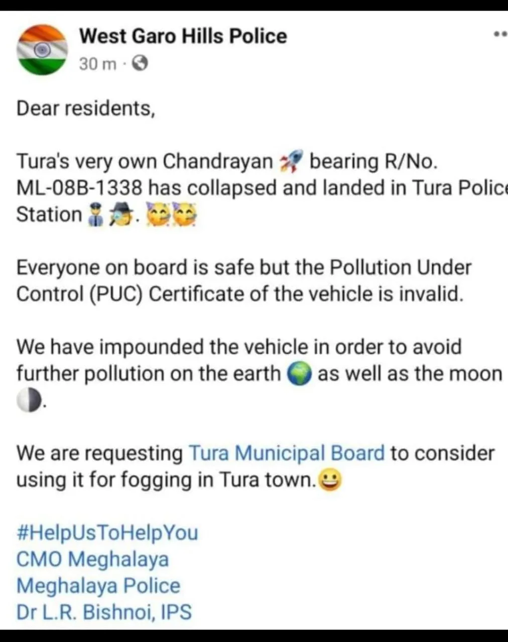 West Garo Hills Police compares Smoke-Emitting Vehicle with Chandrayaan-3  