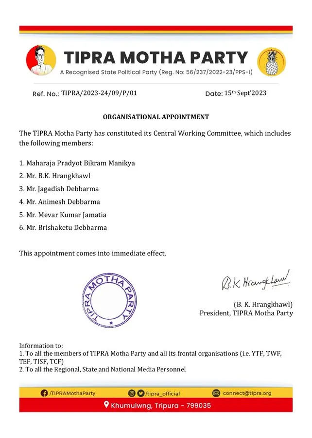 TIPRA Motha Constitutes 6-Member Central Working Committee  