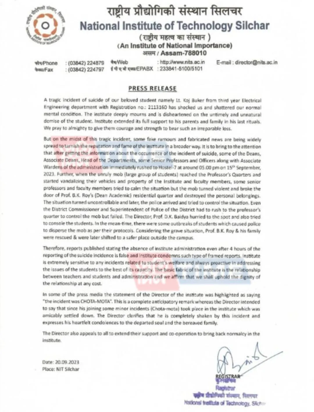 The press release  