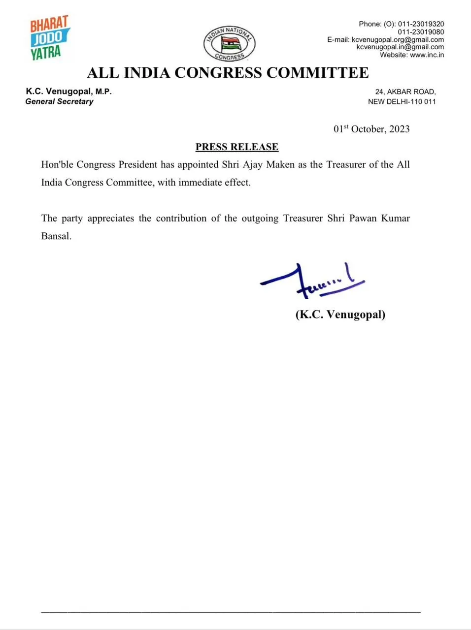 Ajay Maken Appointed as AICC's New Treasurer  