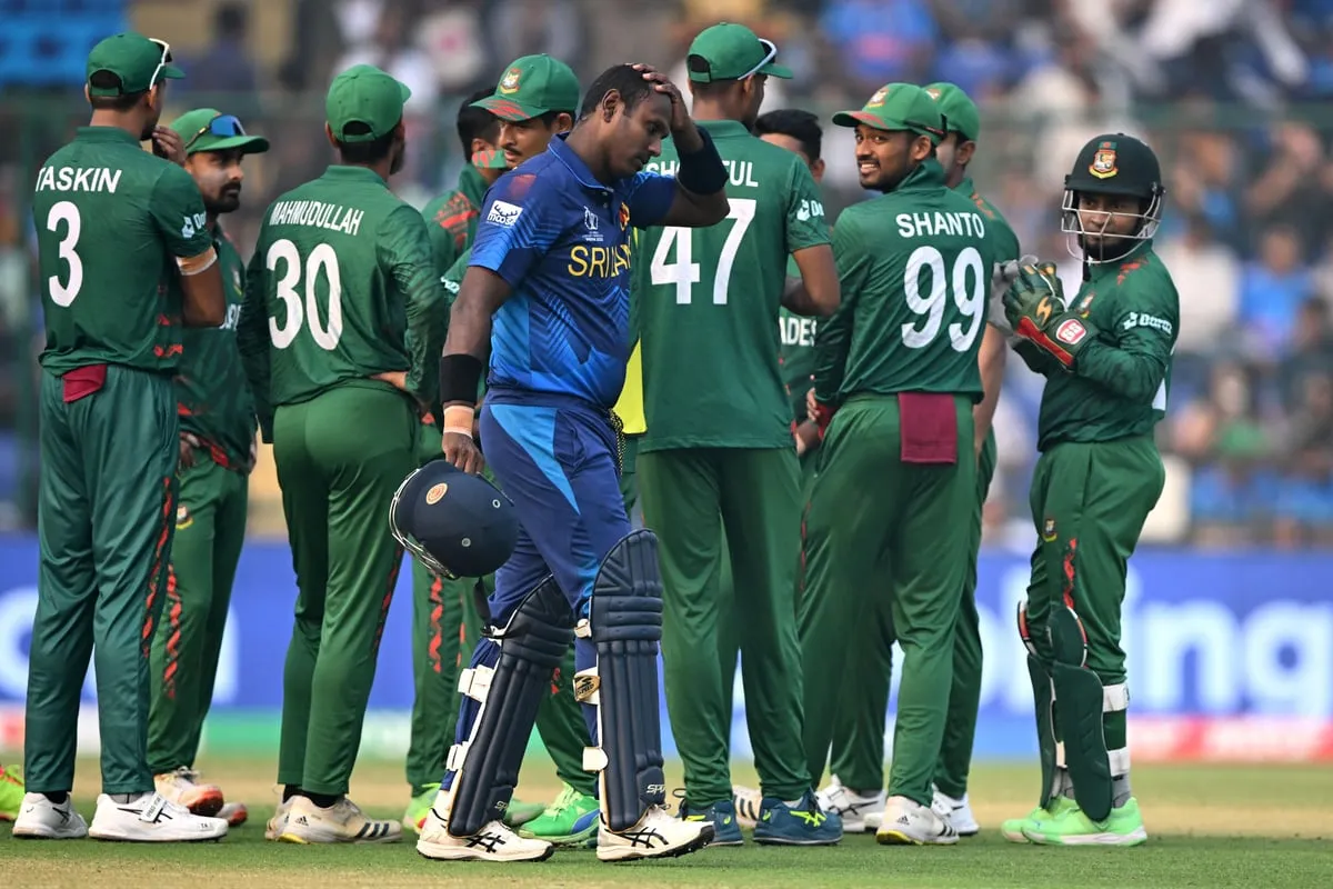 Scenes after Angelo Mathews dismissal  Image: X/ICC Cricket World Cup