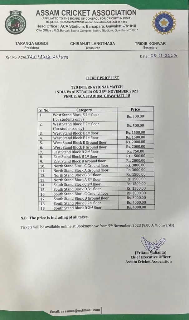 Ticket Price List for T20 Match Between India Vs Australia  