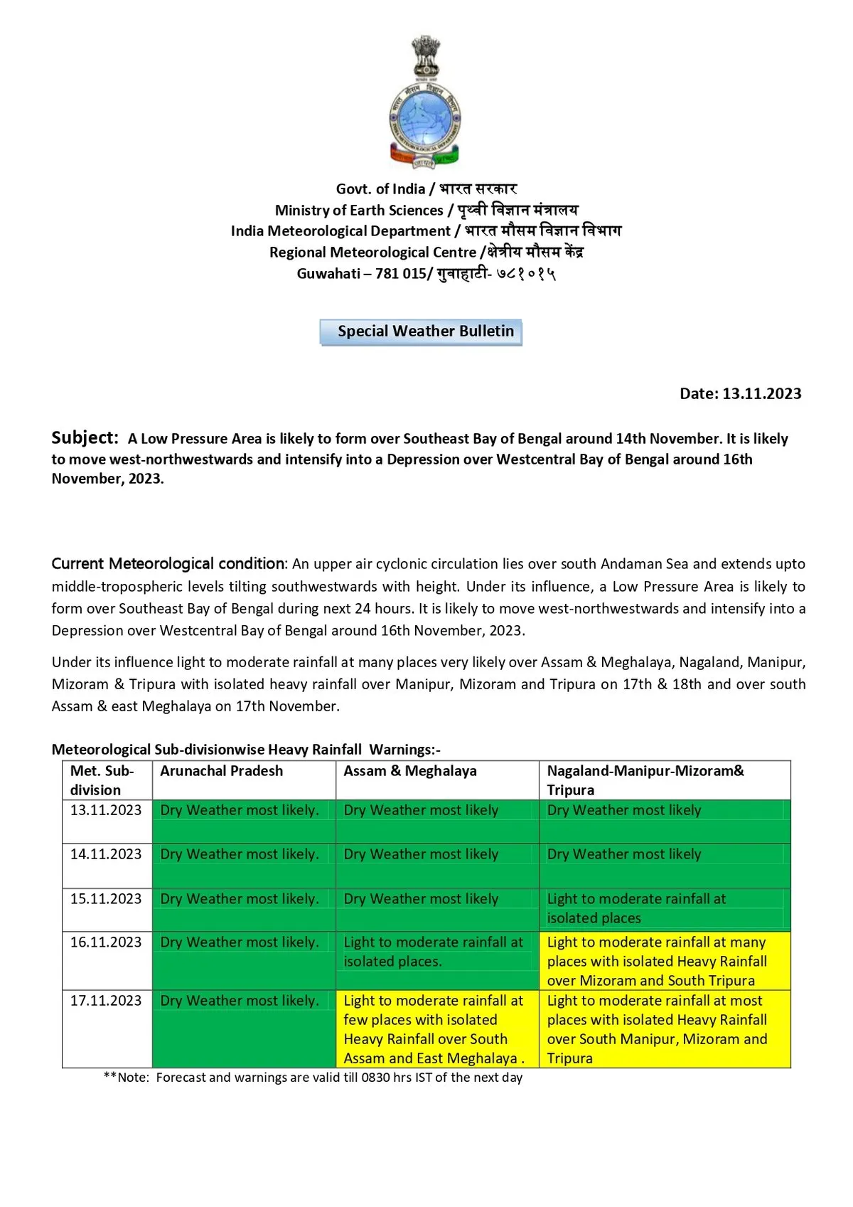 Weather Bulletin  Image: X/RWFC Guwahati