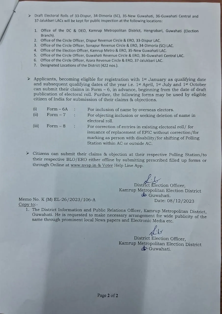 Draft Photo Electoral Roll for Kamrup Metro  