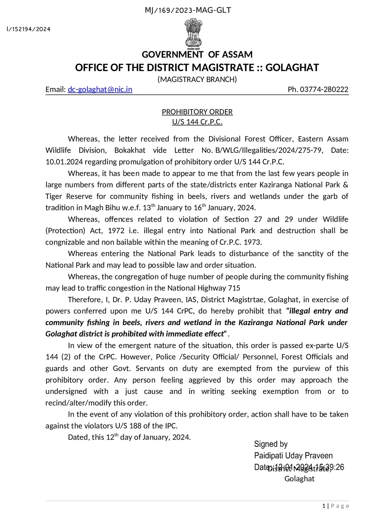 The order issued by Golaghat district magistrate  
