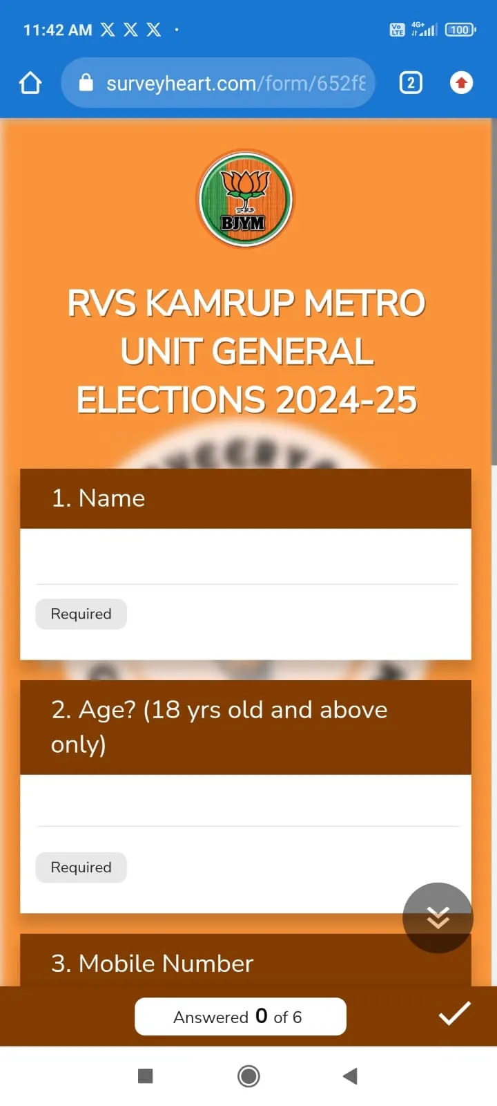 The screenshots of online form  