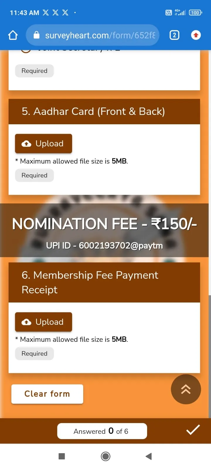 The screenshots of online form  