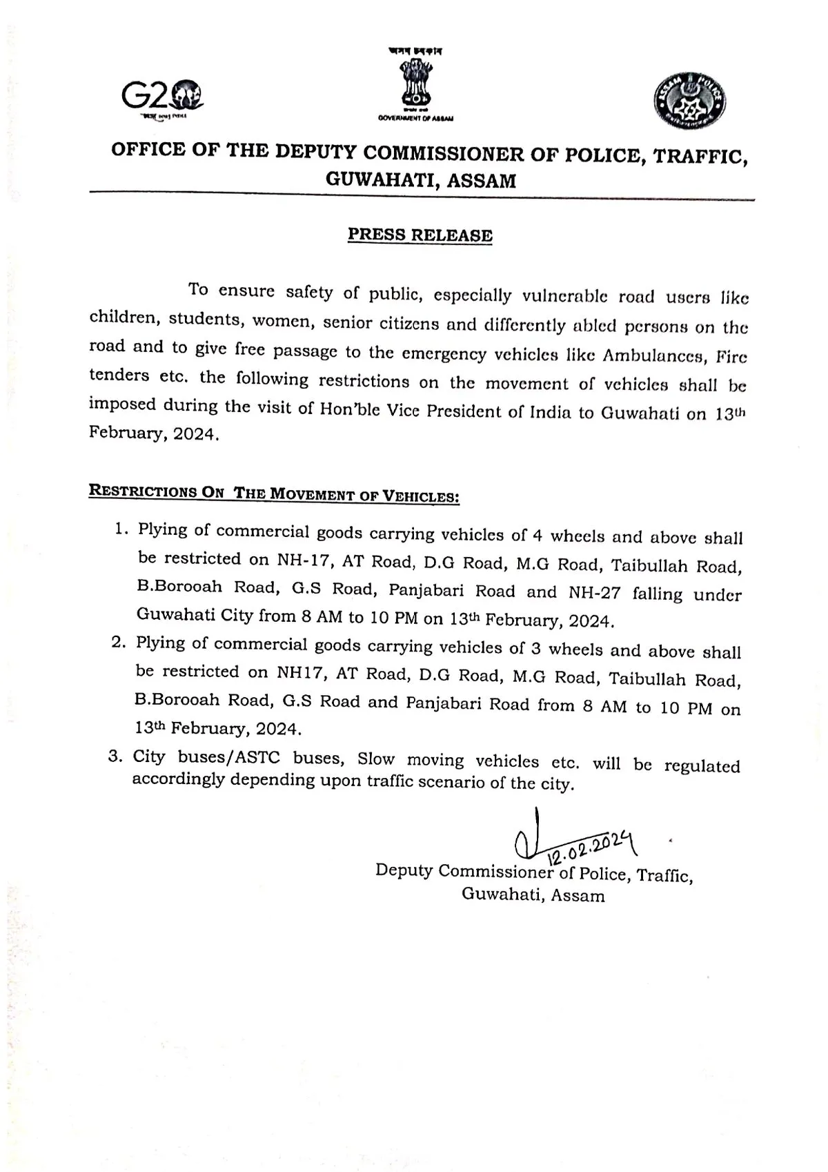 Traffic Restrictions Imposed in Guwahati Ahead of Vice President's Visit  