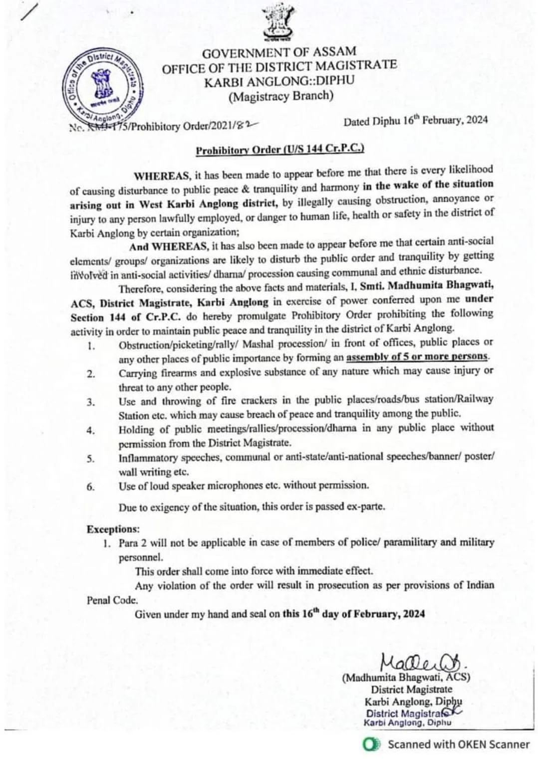 </p>
<p>Section 144 Imposed in Assam's West Karbi Anglong Amid Protests<br />
  