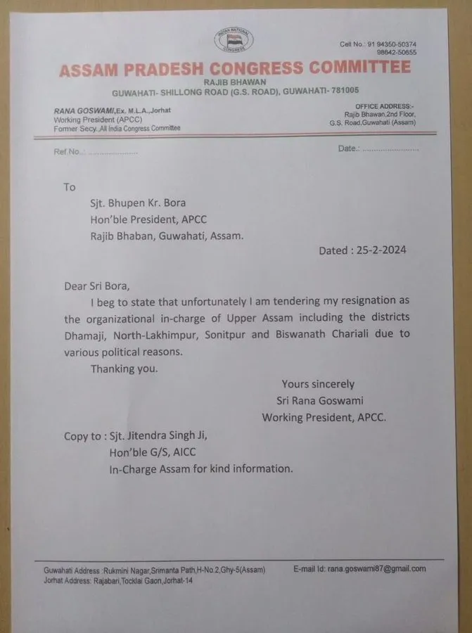 Cong Leader Rana Goswami Steps Down as Upper Assam In-Charge  