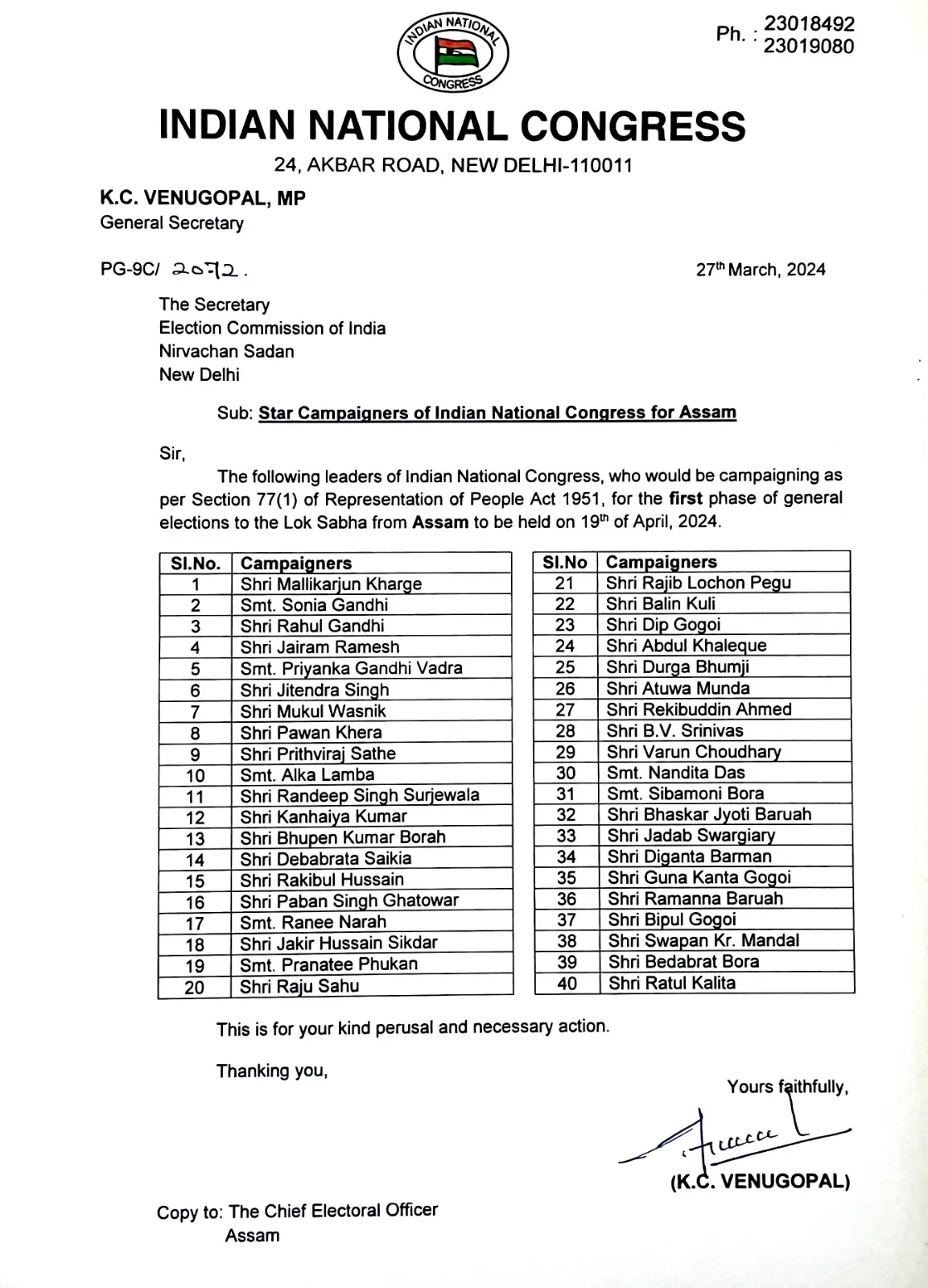 Star Campaigners of INC for Assam  