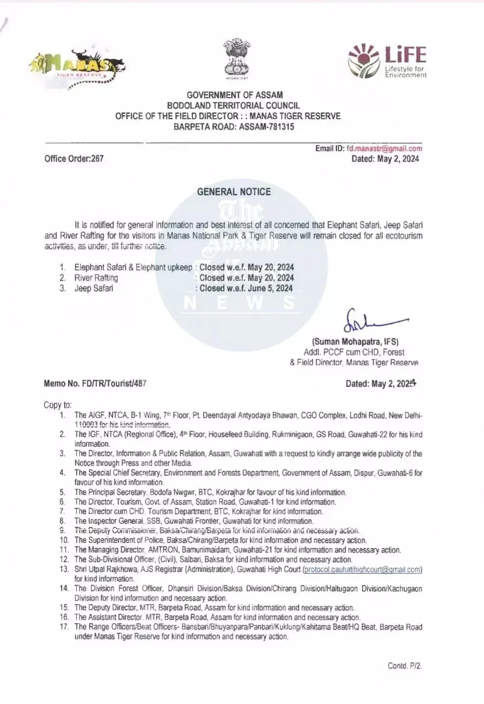 Manas National Park Temporarily Closes Tourism Activities from June 5  