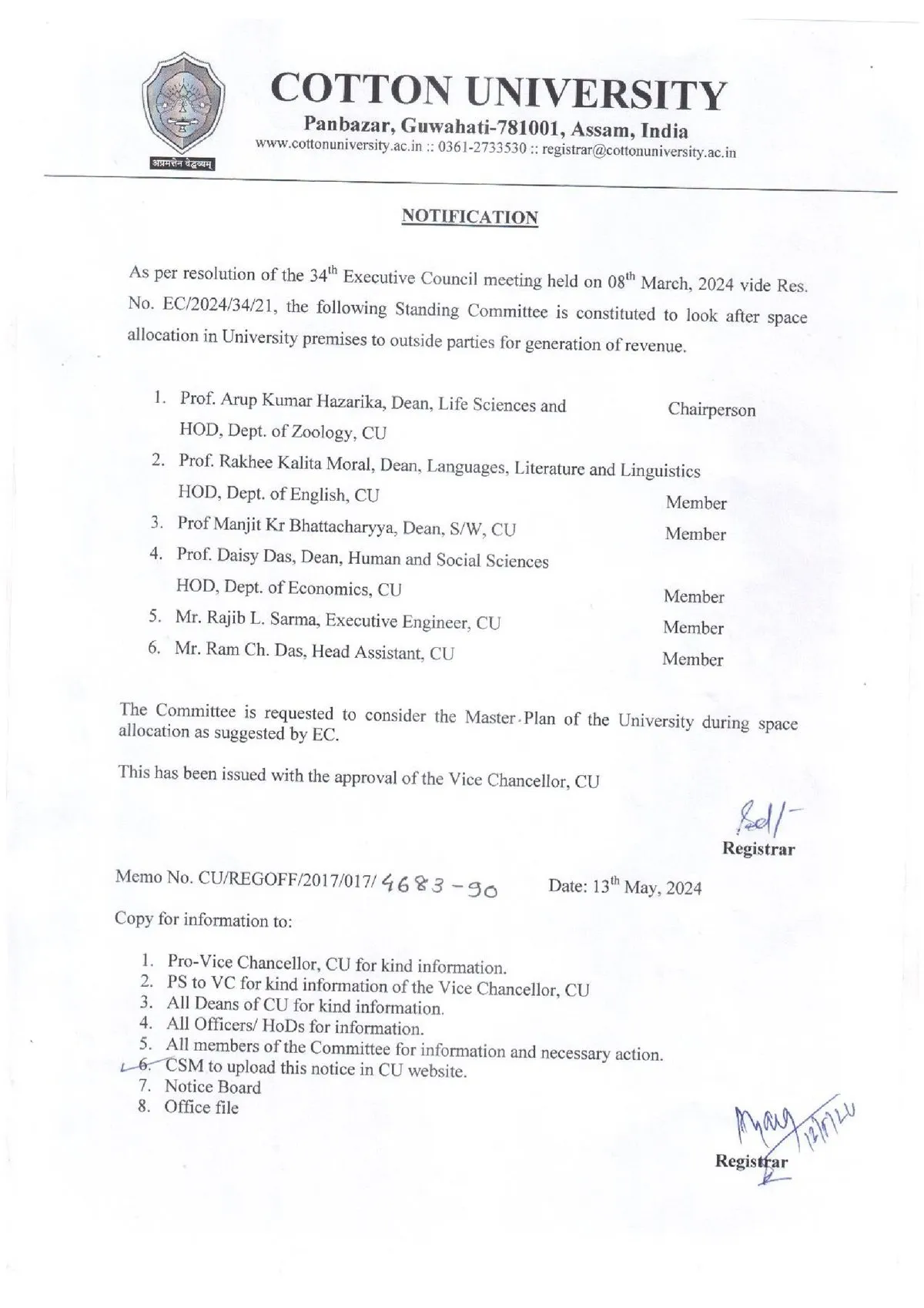 Cotton University's earlier notification  