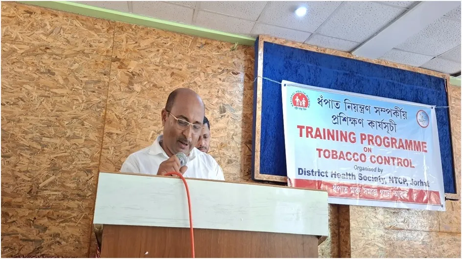 Sri Dipak Hazarika, Social Worker, DTCC, Jorhat is seen welcoming the participants at the beginning of the event.  