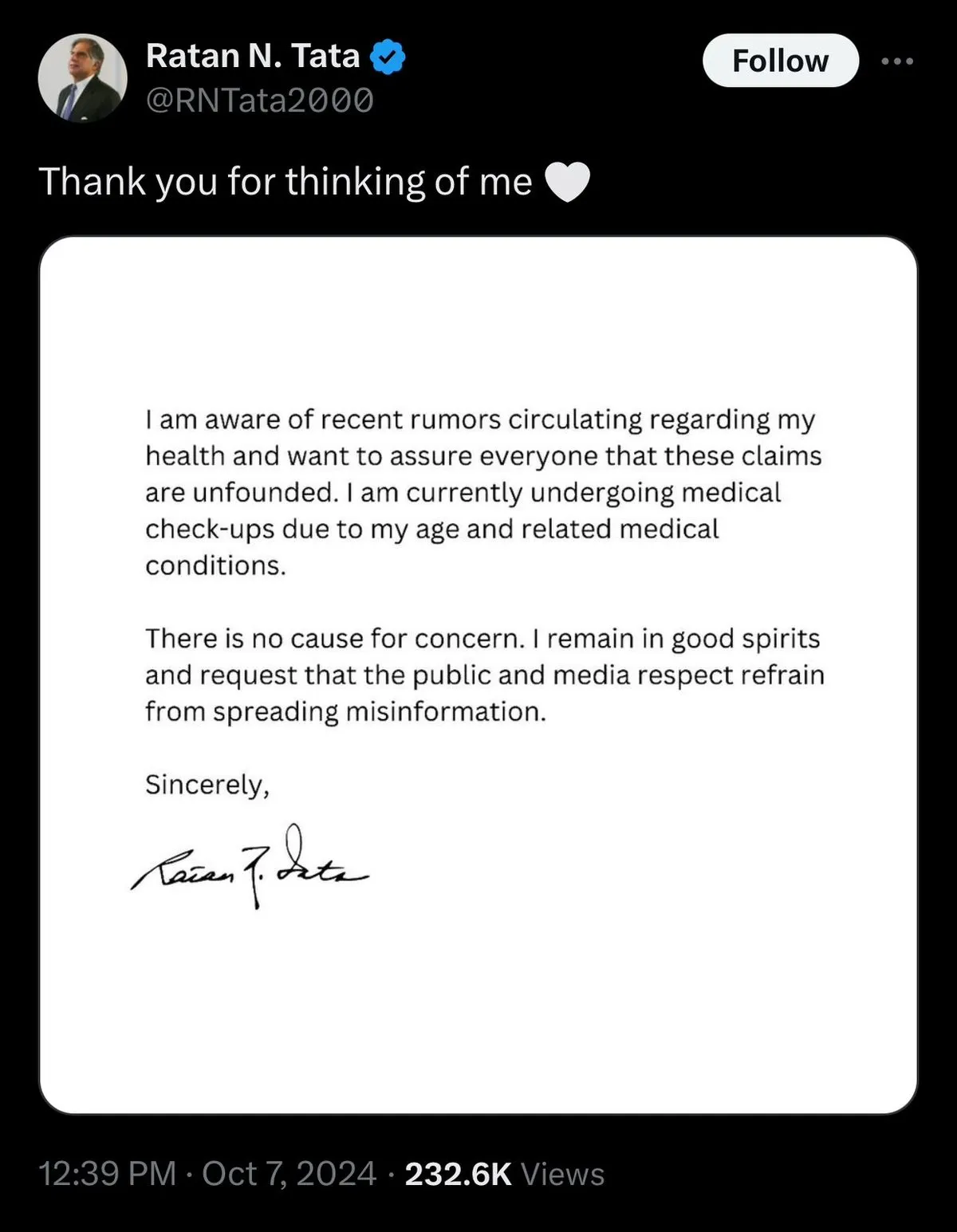 Ratan Tata's Tweet.</p>
<p>  