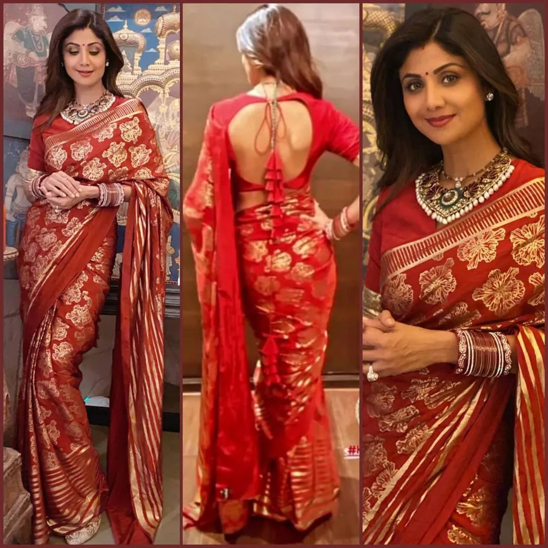 Shilpa Shetty in a red chiffon saree  