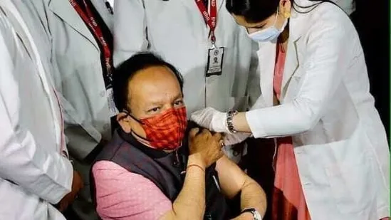 Union health minister Dr Harsh Vardhan getting vaccinated at Delhi on Tuesday,