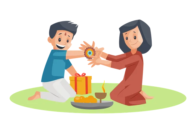 Best Premium Sister celebrating Raksha bandhan with brother Illustration download in PNG & Vector format