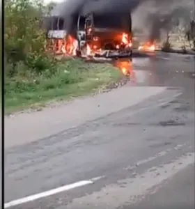 Tourist Bus catches fire in Nalagarh, Himachal Pradesh