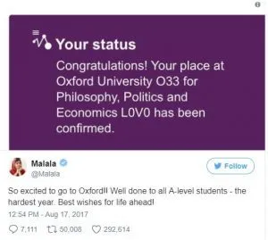 Nobel winner Malala secures place at Oxford University