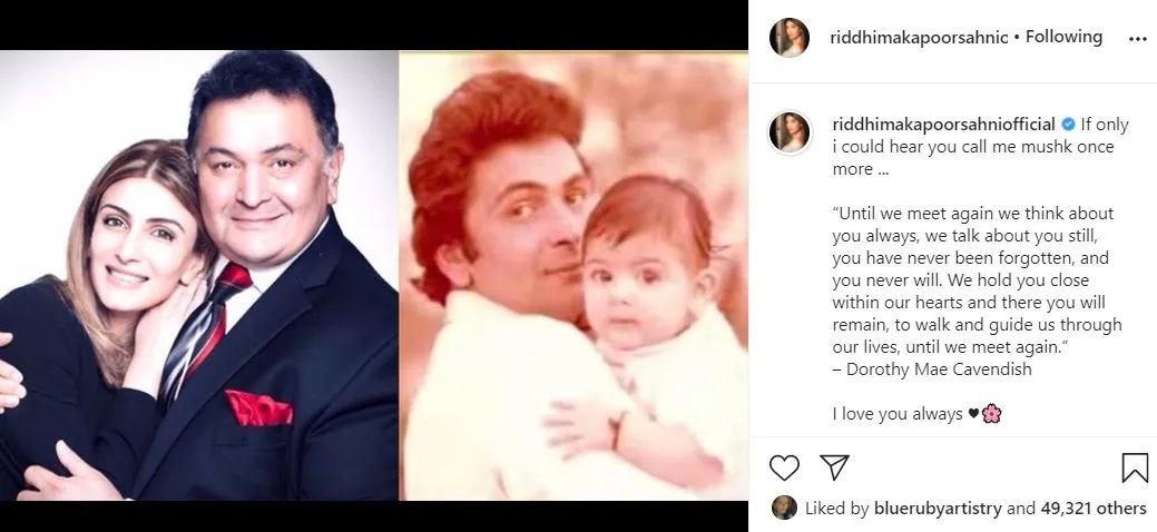 riddhima kapoor post emotional note on her father rishi kapoor first death anniversary