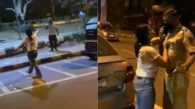 Drunk woman mishandles policeman, creates ruckus on Mumbai road <Watch Video>