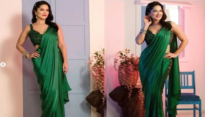 sunny leone shared green sari hot look