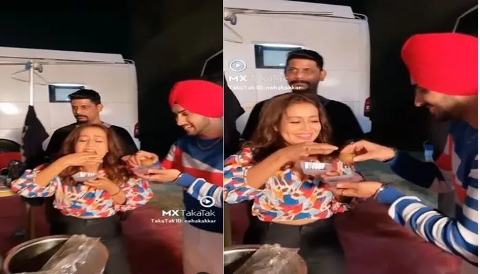 neha kakkar and rohanpreet enjoying gol gappa