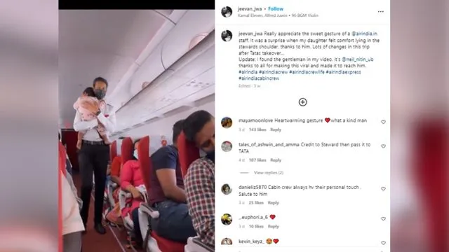 Flight attendant clams down baby on airplane <Watch Video>