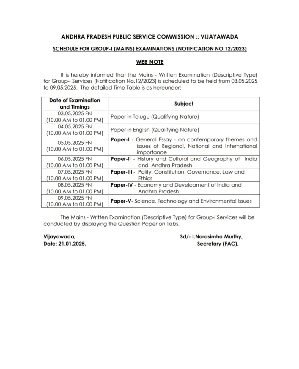 Group 1 Mains Exam Schedule