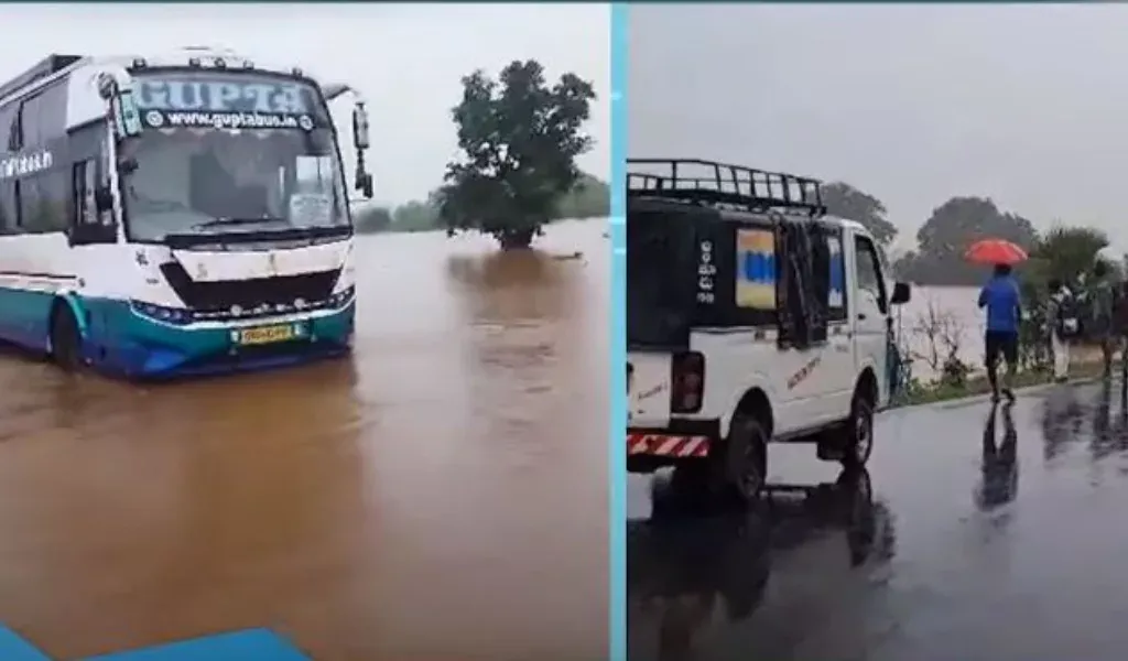Private bus rescued from flood waters in Alluri district
