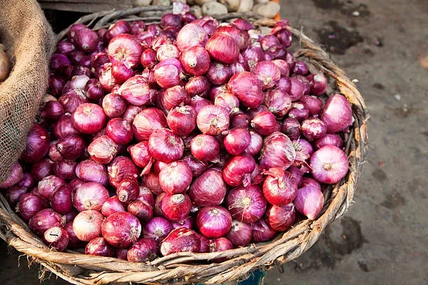 red onions in basket on market, New Delhi, India