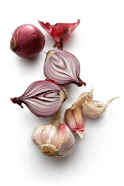 Vegetables: Spanish Onion and Garlic Isolated on White Background