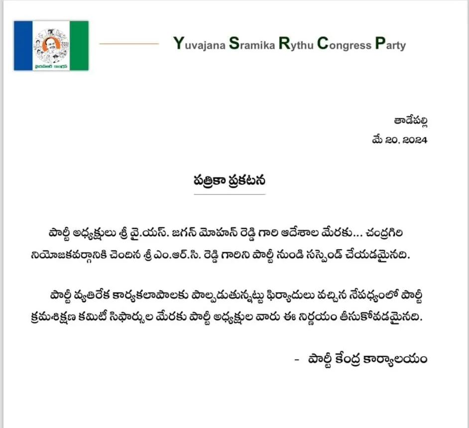 MRC Reddy Suspended From YCP