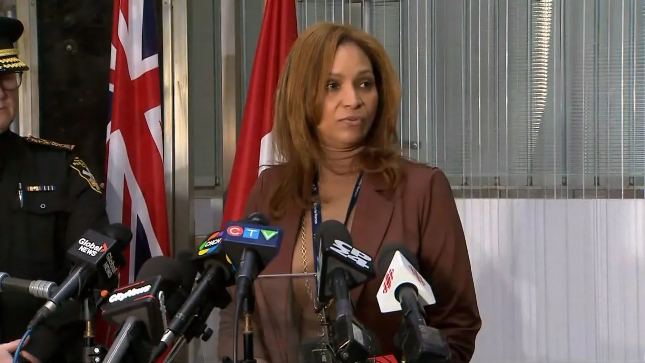 Deborah Flint, the president and CEO of Toronto Pearson International Airport, speaks at a news conference in Toronto on Monday
